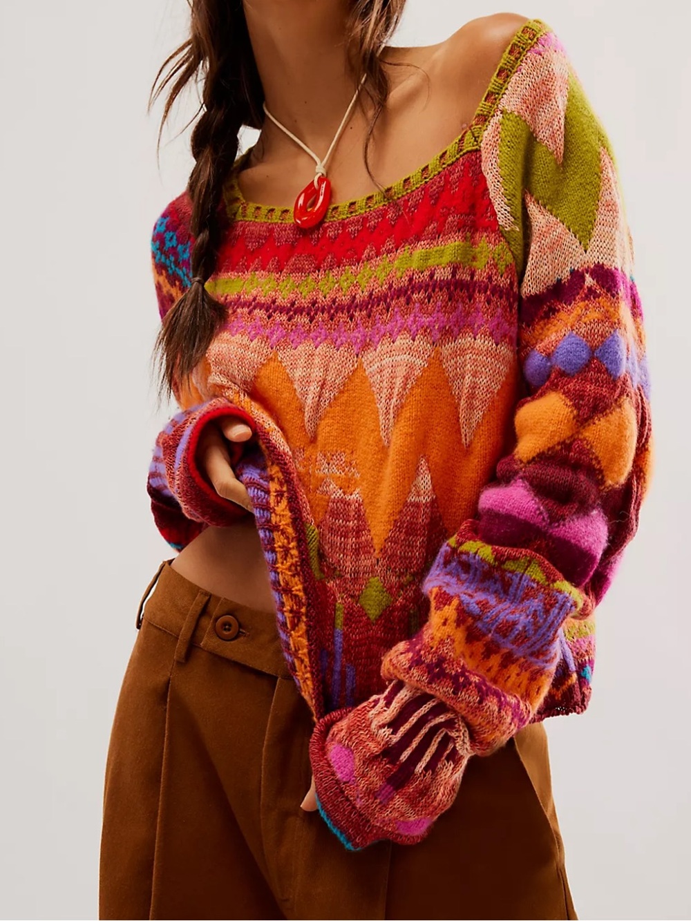 Free People Sz S Sweater Lydia Monochrome Pullover Patterned Patchwork Wool Boho